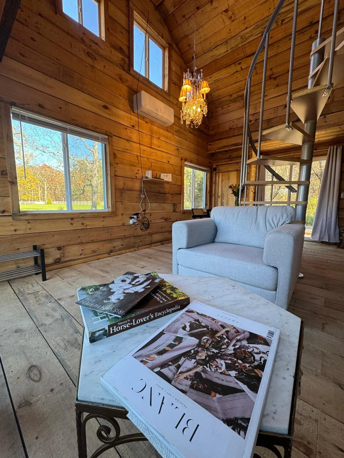 Interior of a wooden cabin living room with a white armchair, a marble-topped coffee table holding magazines, large windows showing trees outside, a chandelier hanging from the ceiling, and a spiral staircase leading upward.