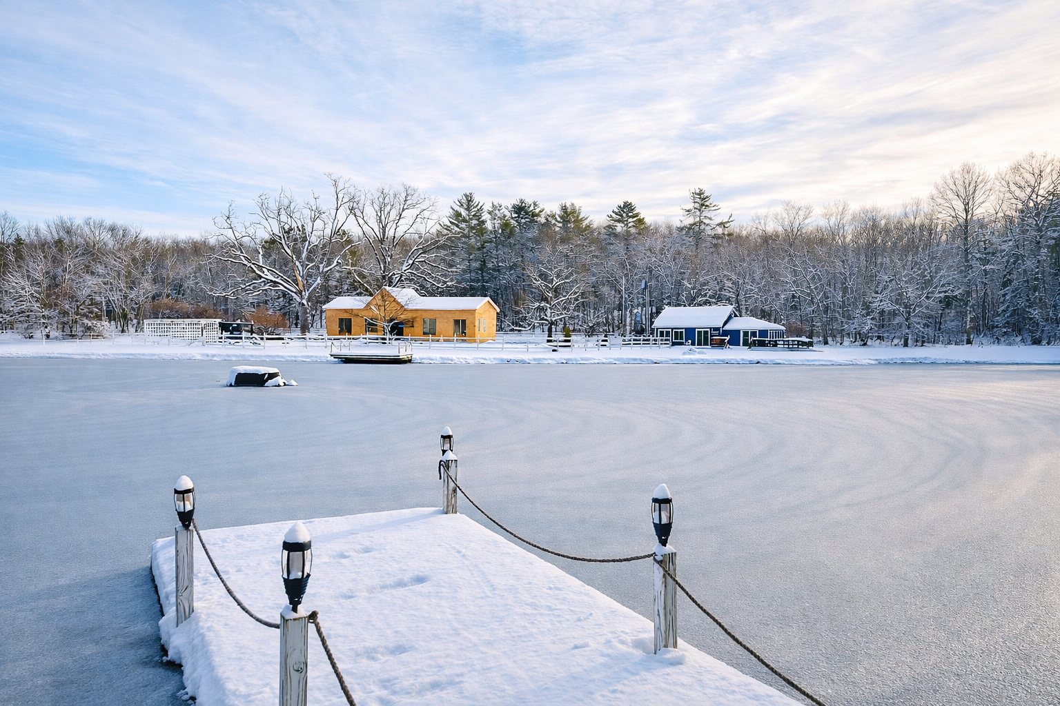 Snow-covered dock extends over frozen lake with snow on posts and lamps, winter scene with two colorful houses and leafless trees in the background under a cloudy sky.