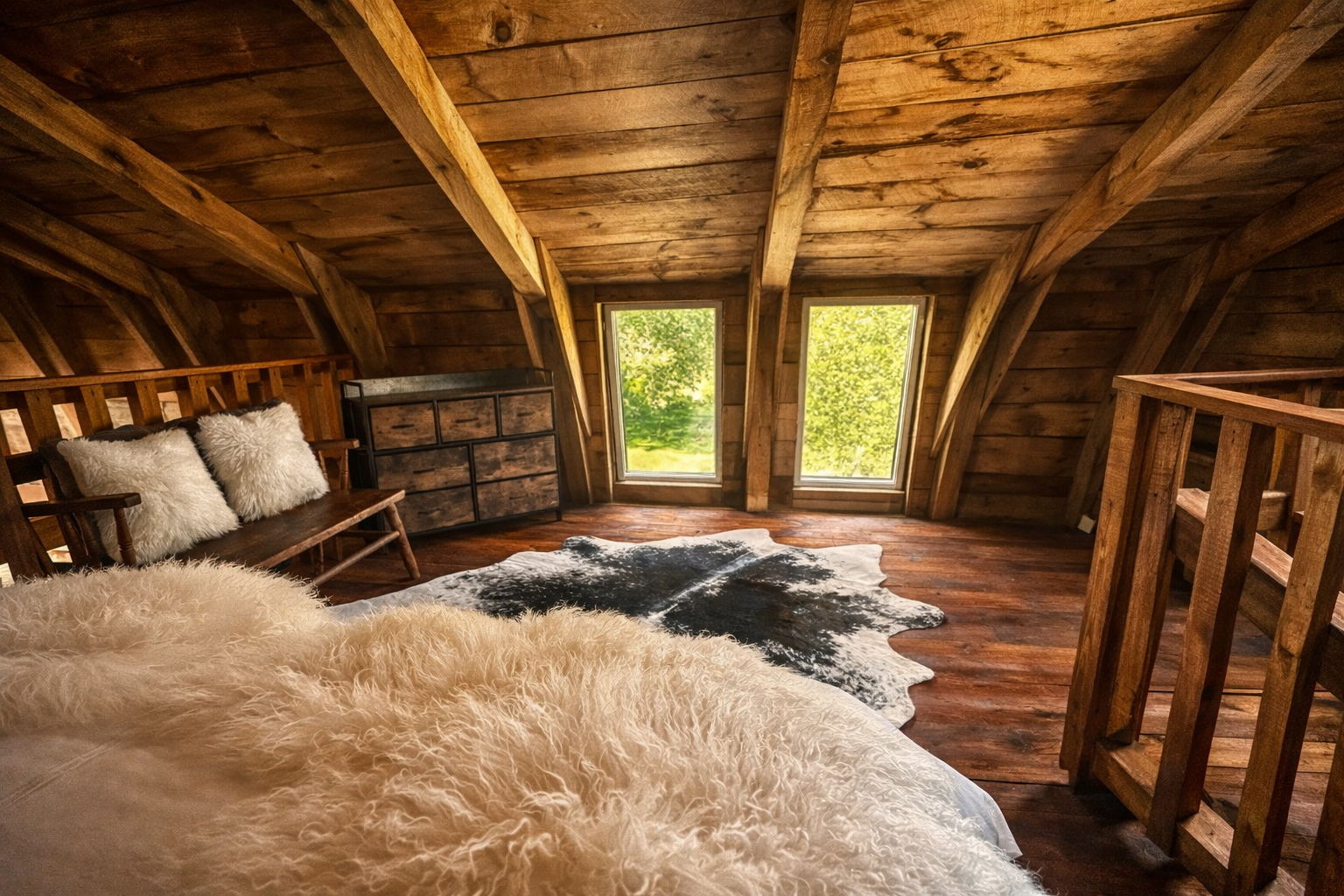 Cozy attic bedroom with a rustic wooden interior, a bed with fluffy white blankets and pillows, a cowhide rug, two windows showing green trees outside, and a wooden dresser.