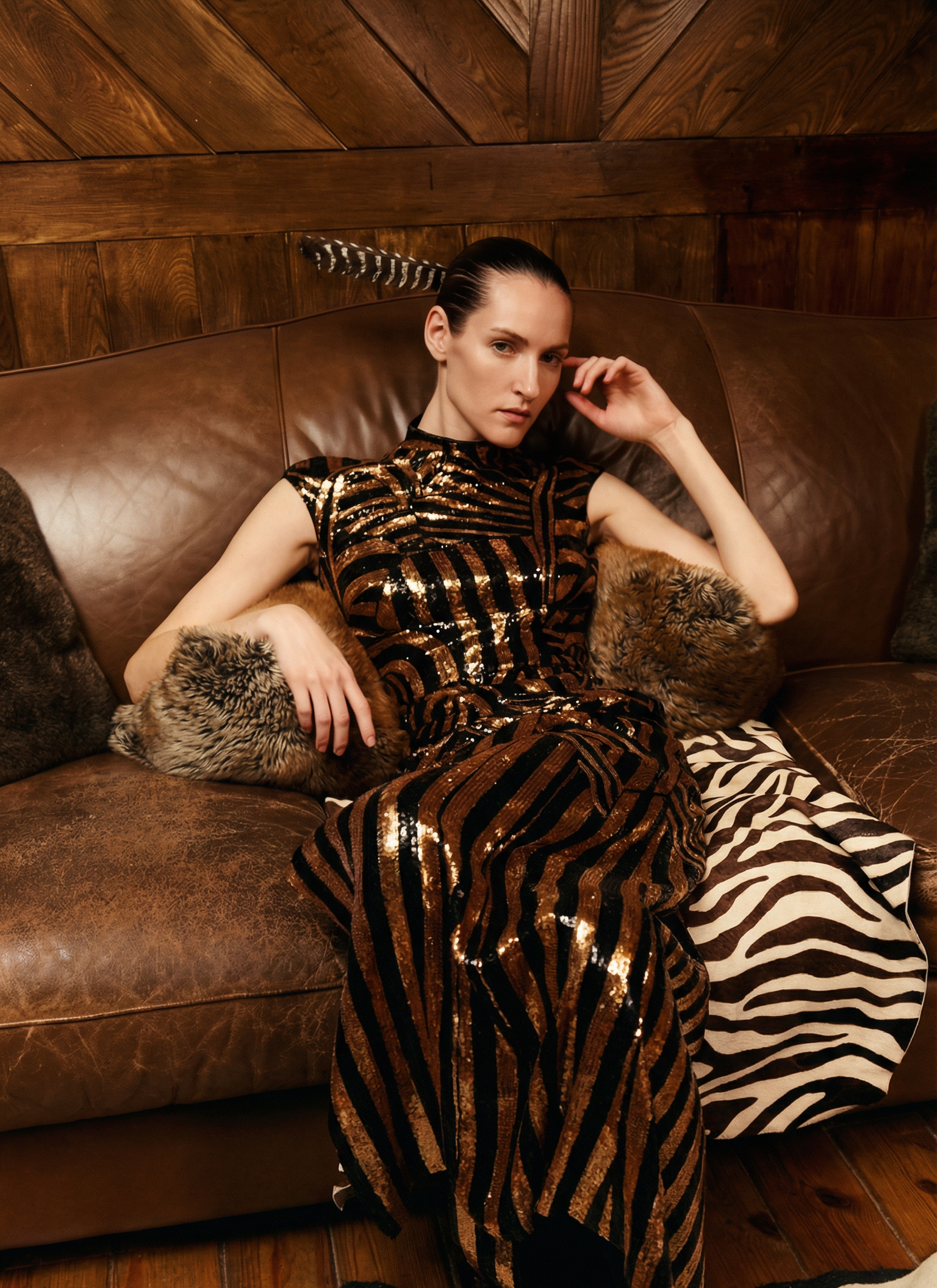 A woman sitting on a vintage leather sofa in a room with wooden walls, wearing a black and gold striped sequined dress, with a feather and zebra-patterned blanket nearby, and fur pillows.