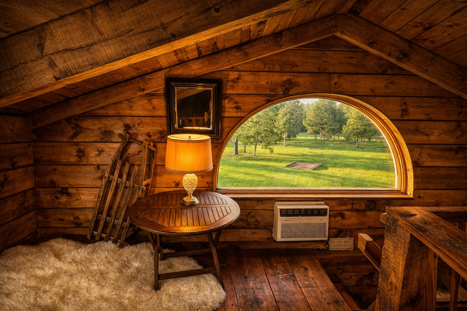 A rustic wooden room with a cozy interior. There is a fluffy white rug on the floor, a small wooden table with a lamp, a framed mirror, and a wooden sled leaning against the wall. A large, semi-circular window shows a view of a grassy area with trees and a clear sky outside.