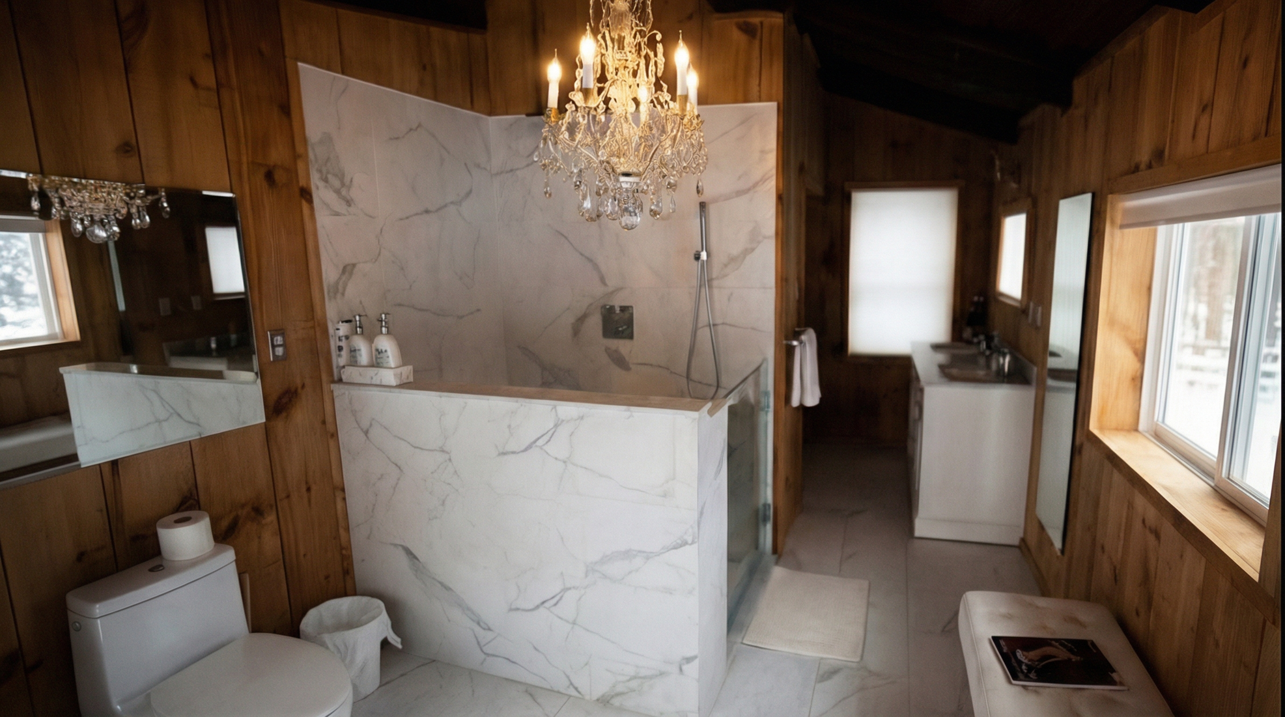 A bathroom with wood-paneled walls, a chandelier, a marble-topped partition, a walk-in shower, a toilet, a small vanity with a sink, windows with shades, and a cushioned bench.