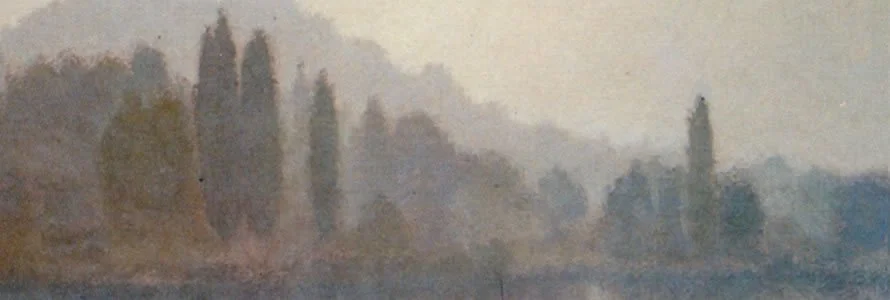 A blurry landscape painting of trees along a water body with a cloudy sky.