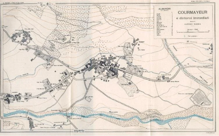 Historical map of Courmayeur showing roads, buildings, a river, and topographical features in black and blue ink.