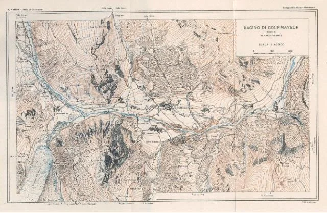 Historical topographic map of the Bacino di Courmayeur area, showing elevation contours, rivers, and surrounding terrain at a scale of 1:10,000.