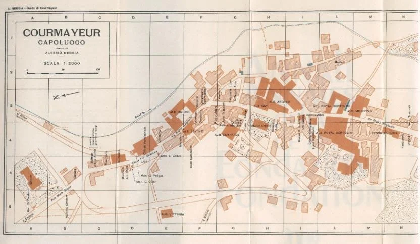 Historical map of Courmayeux, Capoluogo, with streets, buildings, and landmarks marked, and a scale of 1:2000.