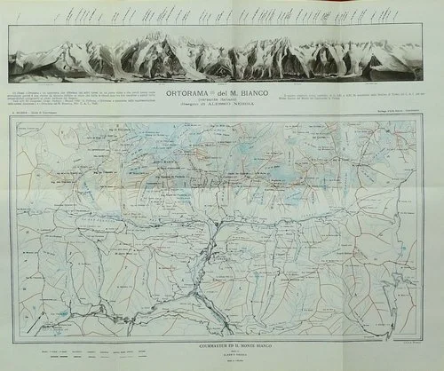 Historical map titled 'Ortorama del M. Bianco' showing a detailed topographical layout of a mountainous region with an illustration of mountain peaks at the top.