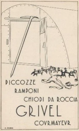 Vintage poster featuring text and illustrations of dogs pulling a sled, promoting Grivel crampons.