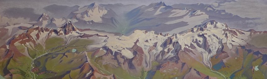 A watercolor painting of snow-capped mountain range with green valleys and winding roads.