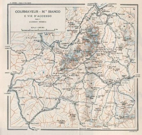 Historical map of Courmayeur-M. Bianco and surrounding area, showing roads, rivers, and terrain features.