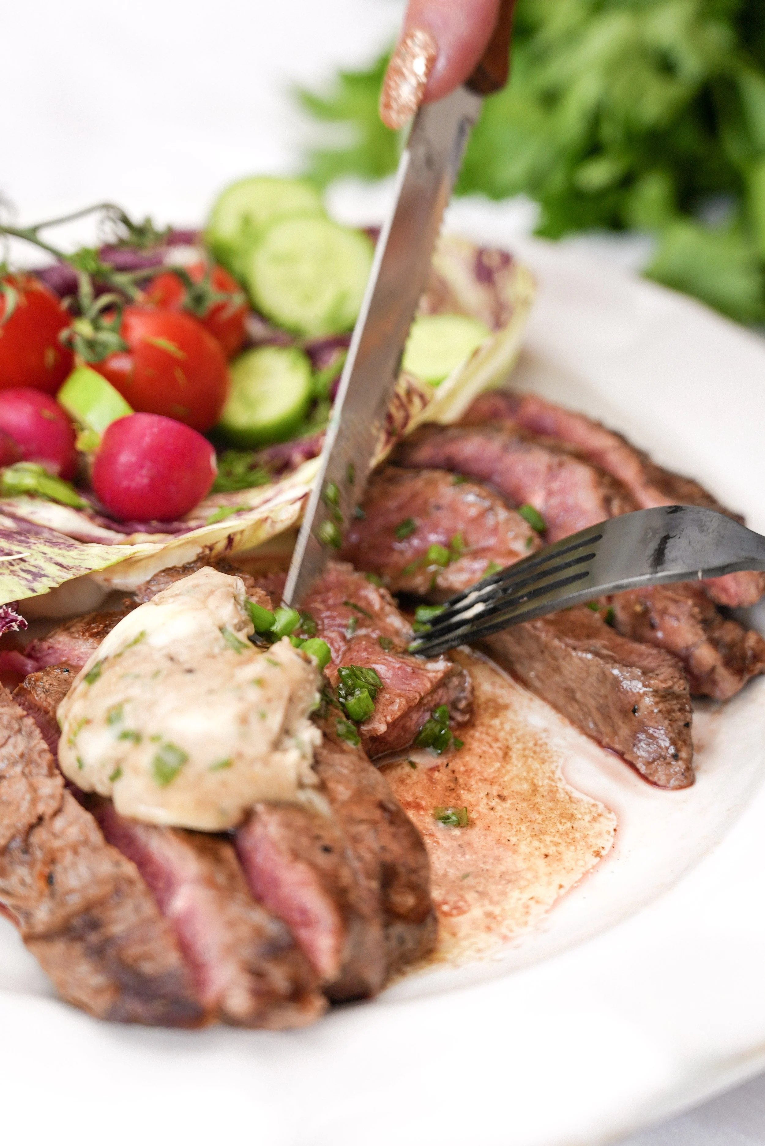 Flat  Iron  Steak with White  Pepper,  Chive  &amp;  Black  Garlic  Butter