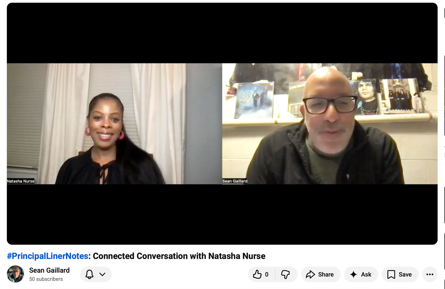 Screenshot of a video call with two people, Natasha Nurse on the left and Sean Gaillard on the right, discussing a topic. Natasha Nurse is smiling with a dark top and pink earrings, seated in front of beige curtains. Sean Gaillard is wearing glasses, a black jacket, and a gray shirt, with a background of shelves with books, pictures, and various items.