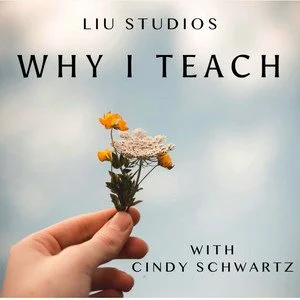 A hand holding a small bouquet of flowers against a cloudy sky background for a book cover titled "Why I Teach" by Cindy Schwartz.