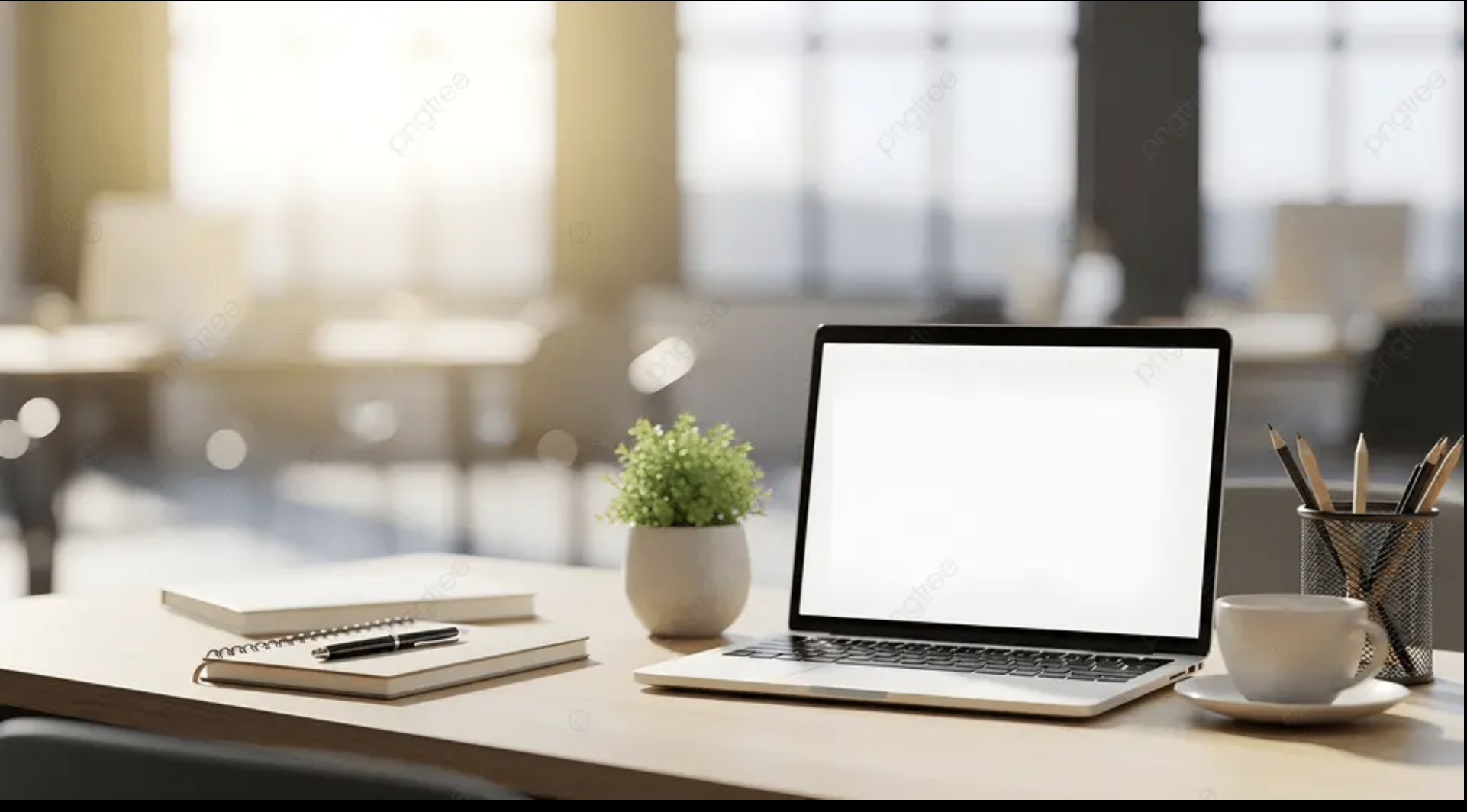 Office desk with a laptop, a potted plant, notebooks, a pen, a cup on a saucer, and a pen holder with pencils, in a brightly lit room.