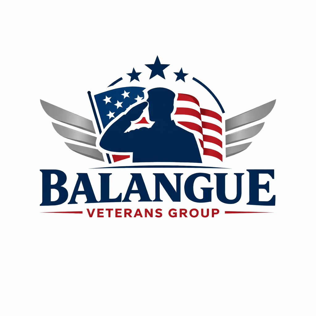 Logo for Balangue Veterans Group featuring a silhouette of a saluting soldier, American flags, and stars, with the organization's name in bold letters.