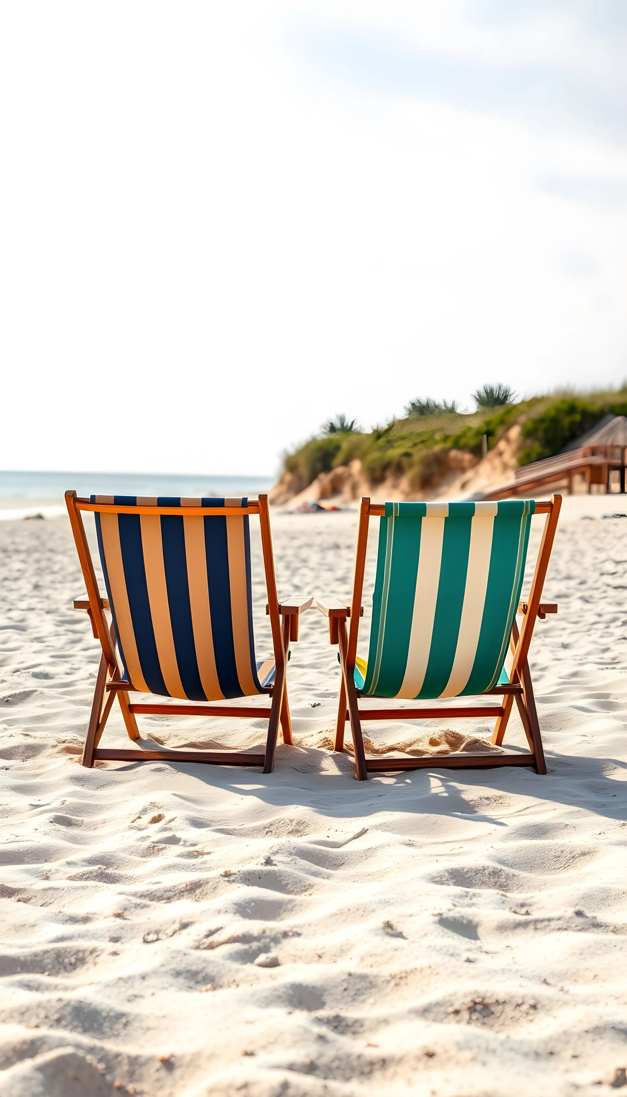 Two colorful beach chairs—one with blue and beige stripes, the other with green and beige stripes—facing the ocean on a sandy beach.
