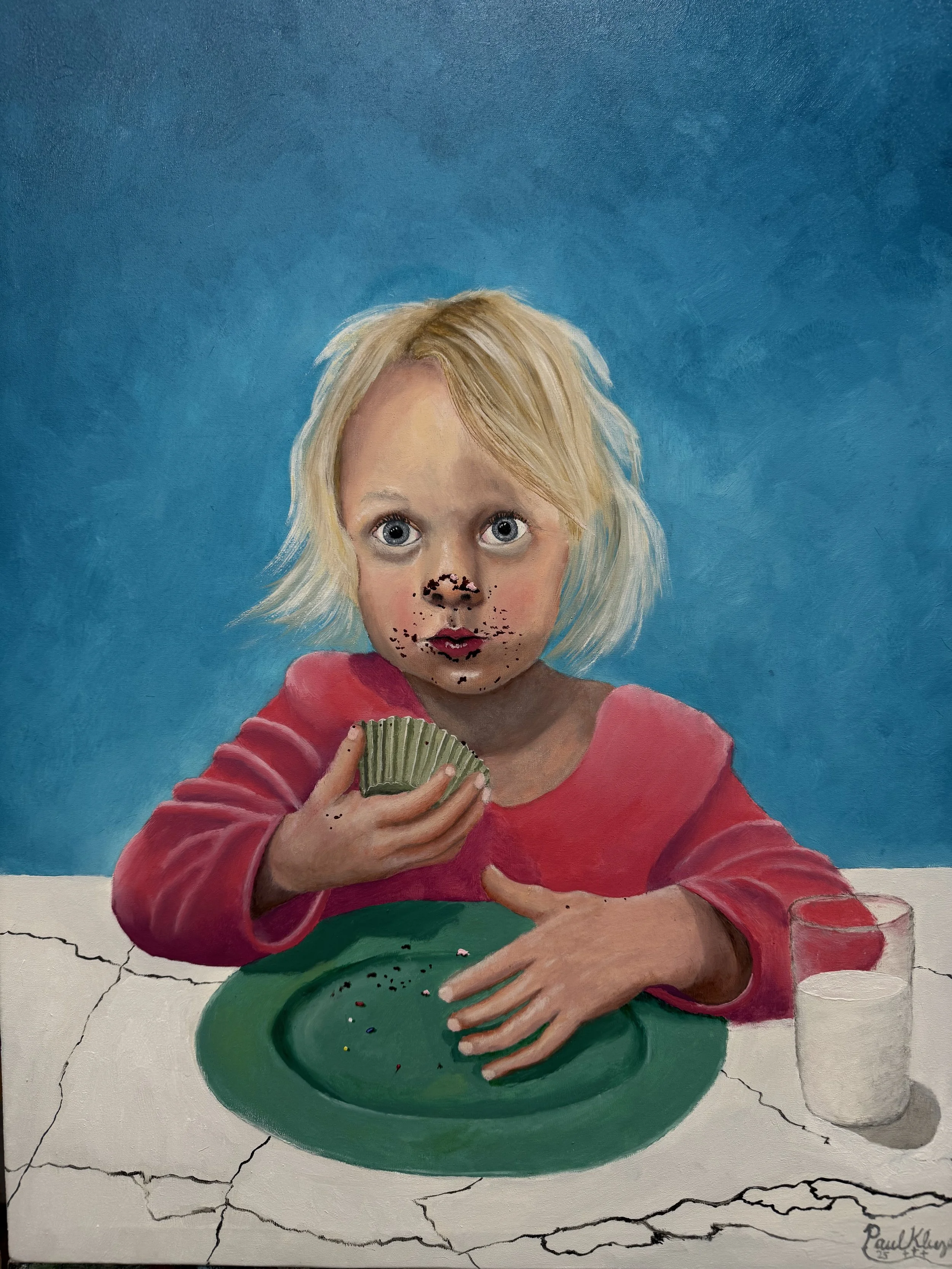 Painting of a young girl with blonde hair and blue eyes, wearing a pink shirt, sitting at a white cracked table with a green plate, a glass of milk, and holding a cupcake with black sprinkles. The background is blue.