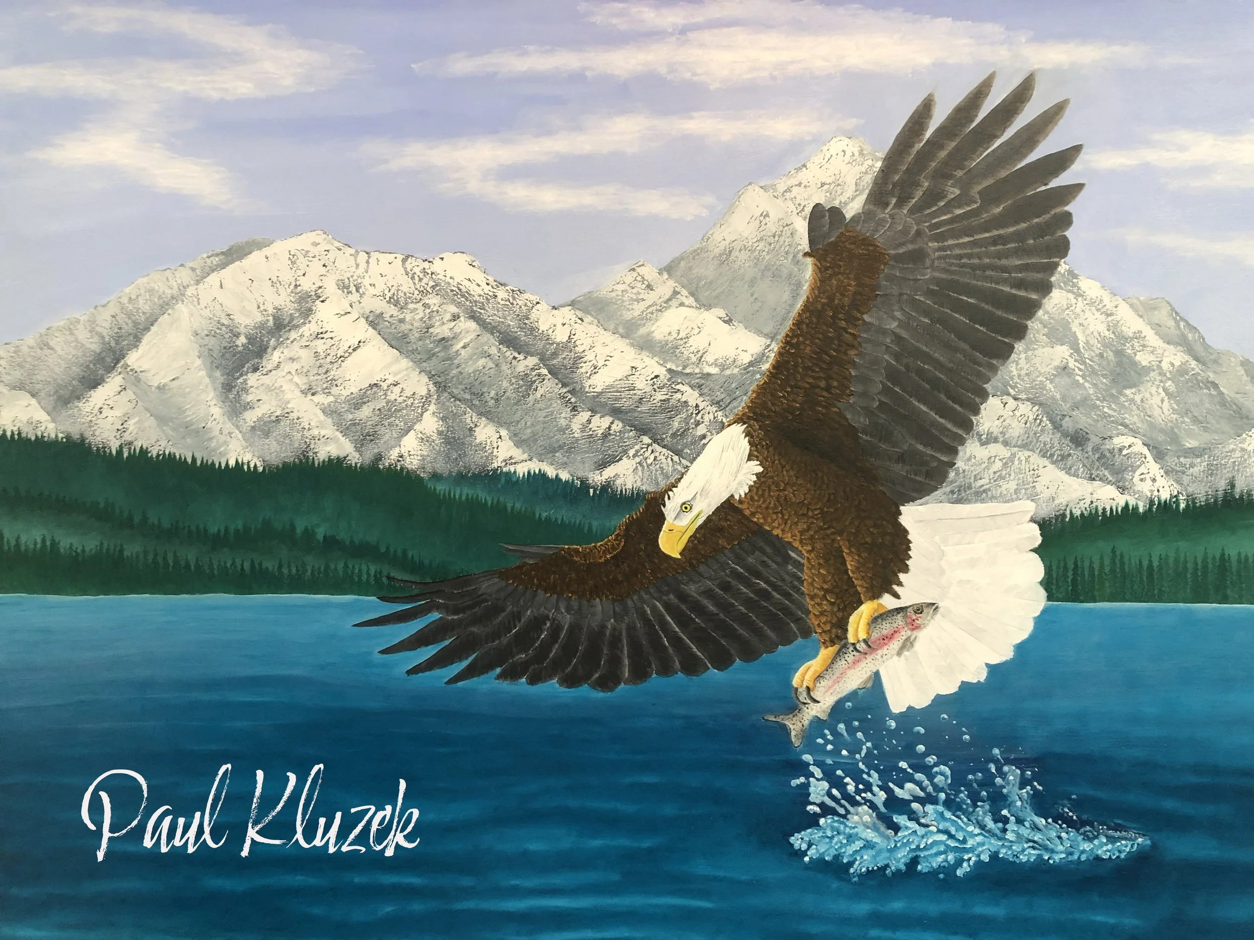 Painting of a bald eagle catching a fish from a lake, with snow-capped mountains and forests in the background.