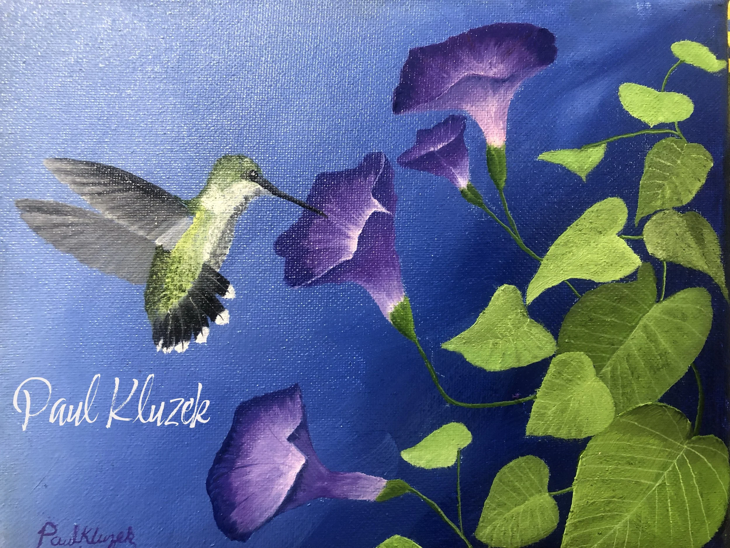 Painting of a hummingbird with green and white feathers, hovering near purple morning glories and green heart-shaped leaves, against a blue background.