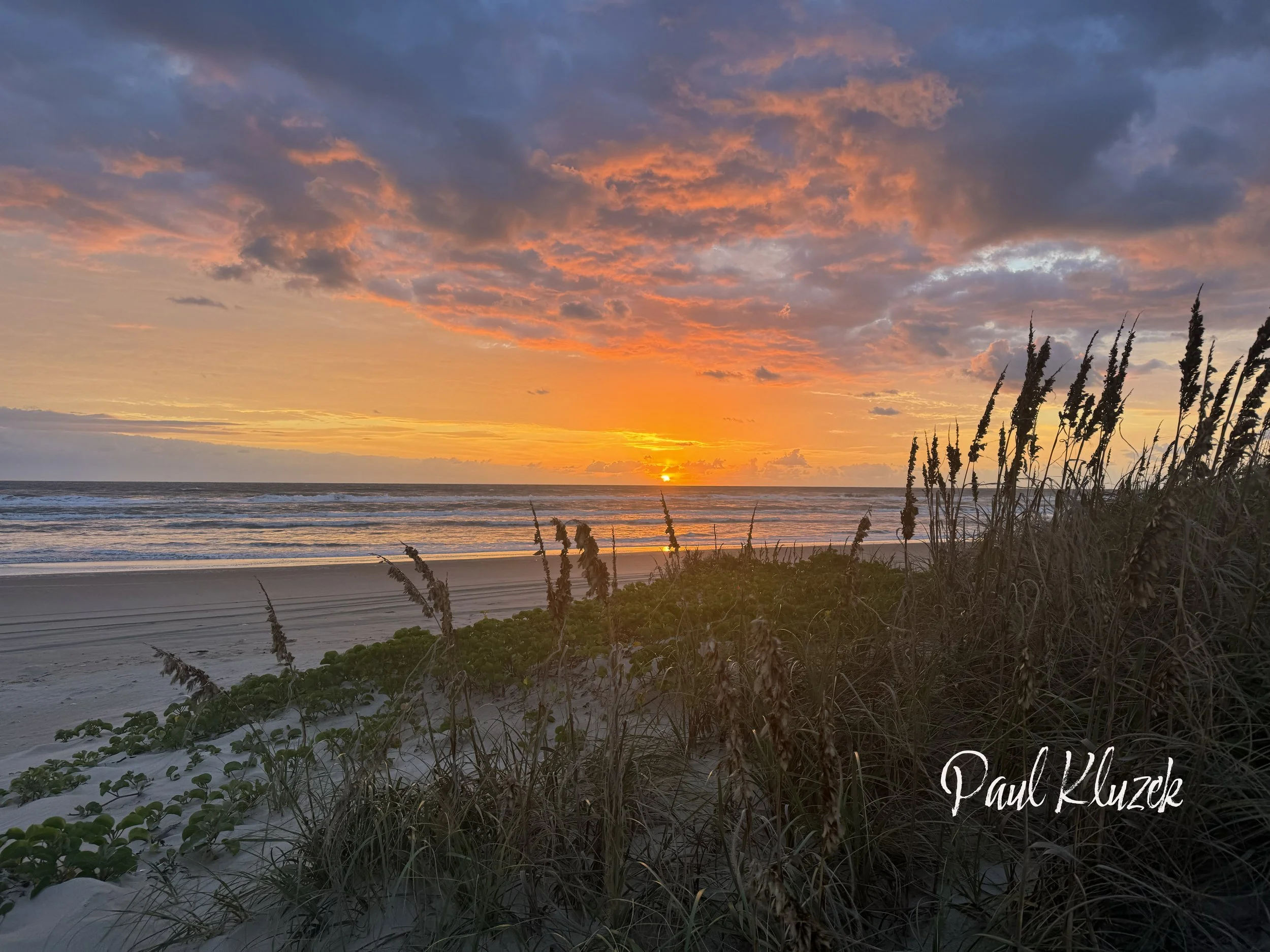 Sunset over the ocean with colorful sky, shoreline with sand and surf, and sea oats and vegetation in the foreground.