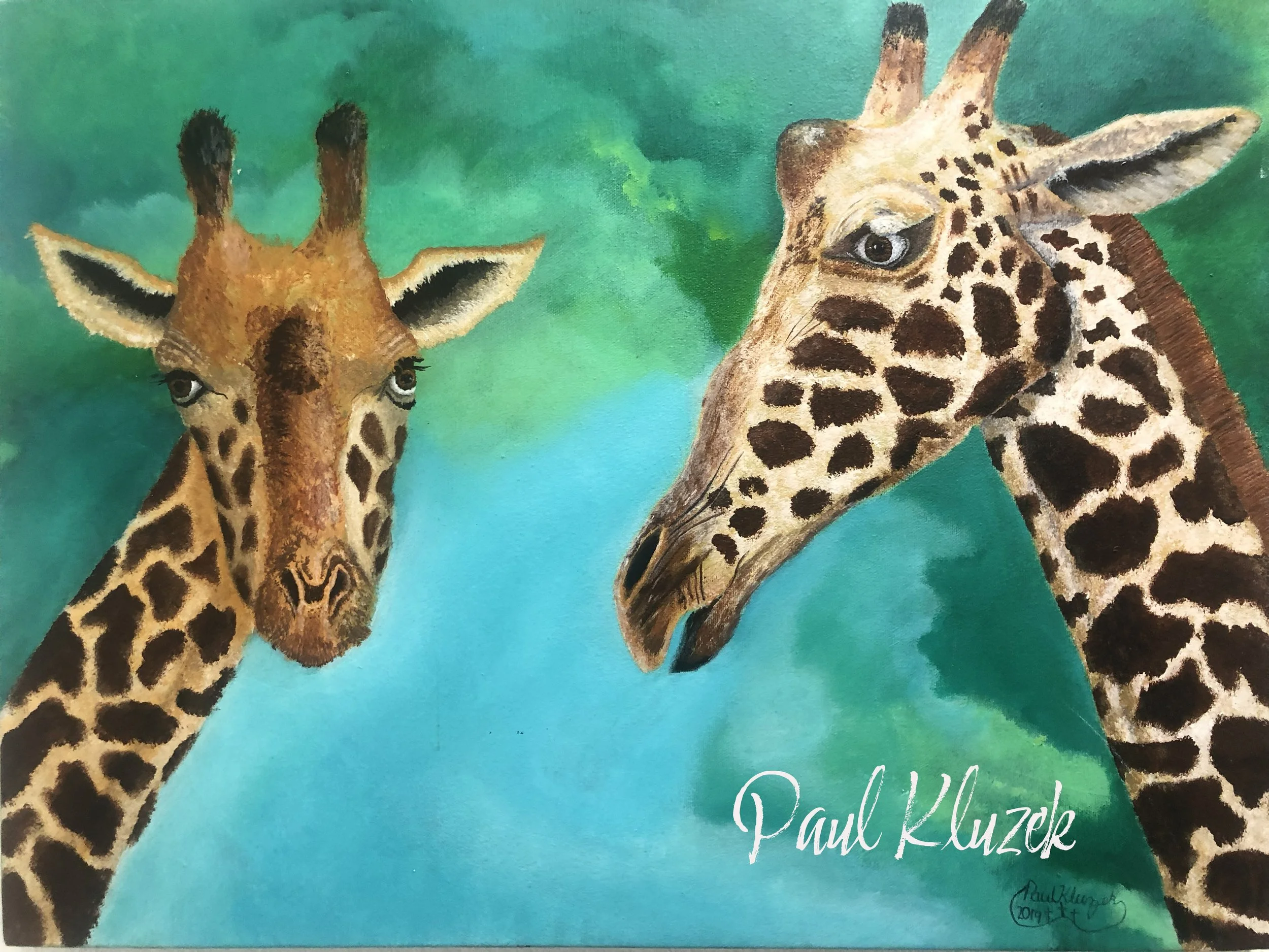 Painted image of two giraffes against a green and blue background. The giraffes have detailed brown and black spotted patterns on their necks and heads, with expressive eyes. The artist's signature, Paul Kluzek, is visible at the bottom right corner.