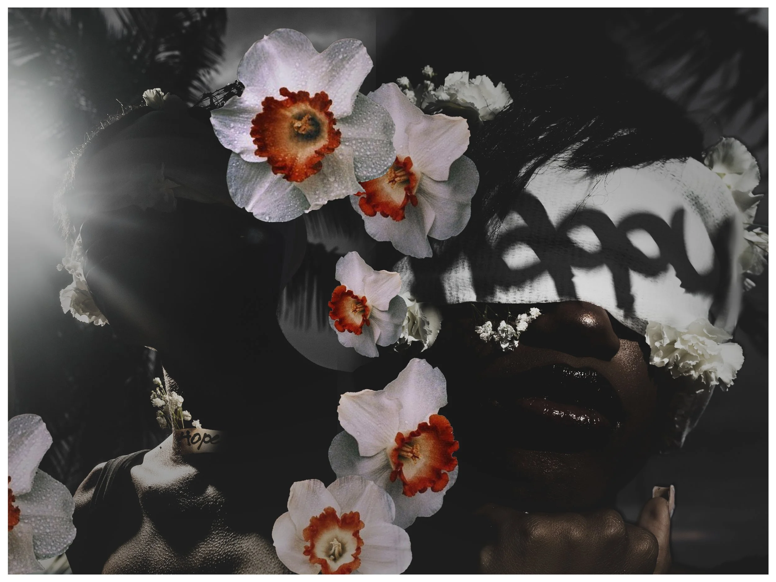 A woman's face with dark lipstick surrounded by white and red flowers, with a black and white handwritten word 'hope' on her wrist, and shadowed hands.