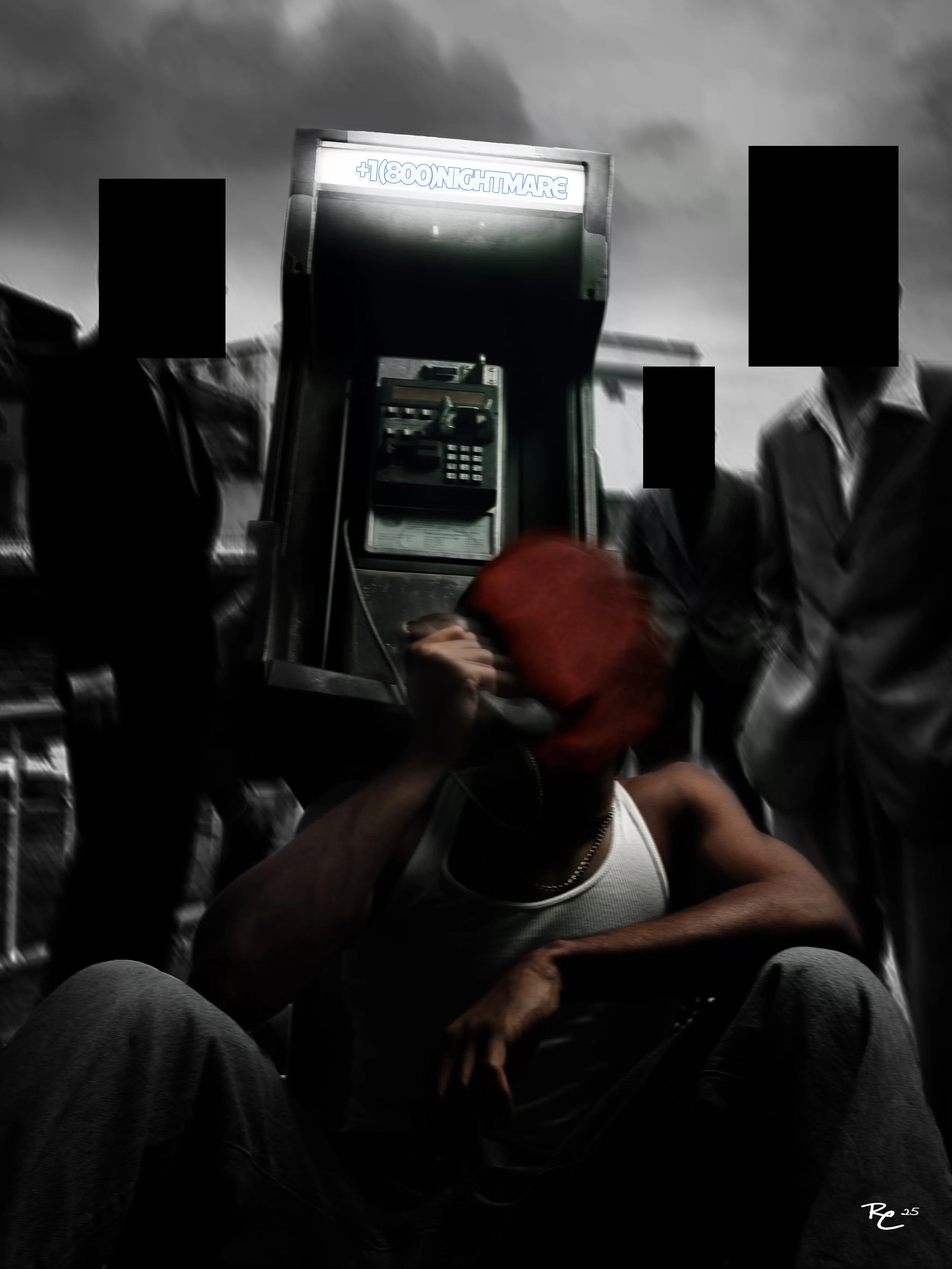 A person with a red hat drinking from a bottle sitting in front of a payphone booth with two people beside them, under a cloudy sky.