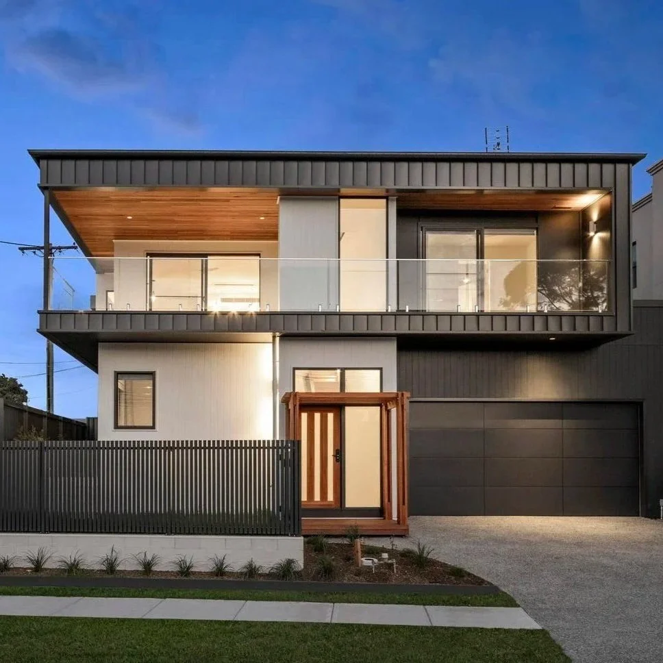 Custom new home with Colorbond cladding, custom timber entry way