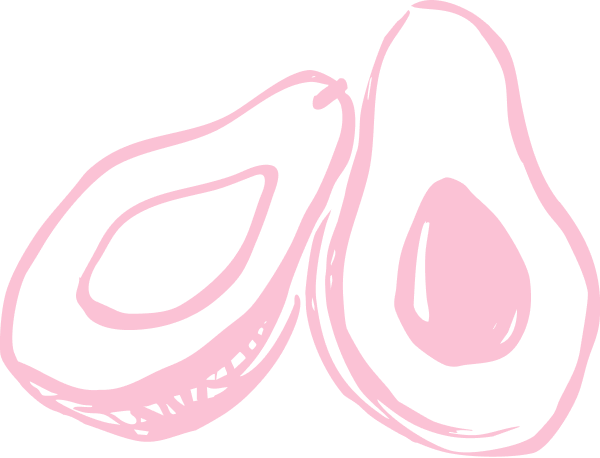 Illustration of two halves of an avocado on a black background, drawn with pink lines.