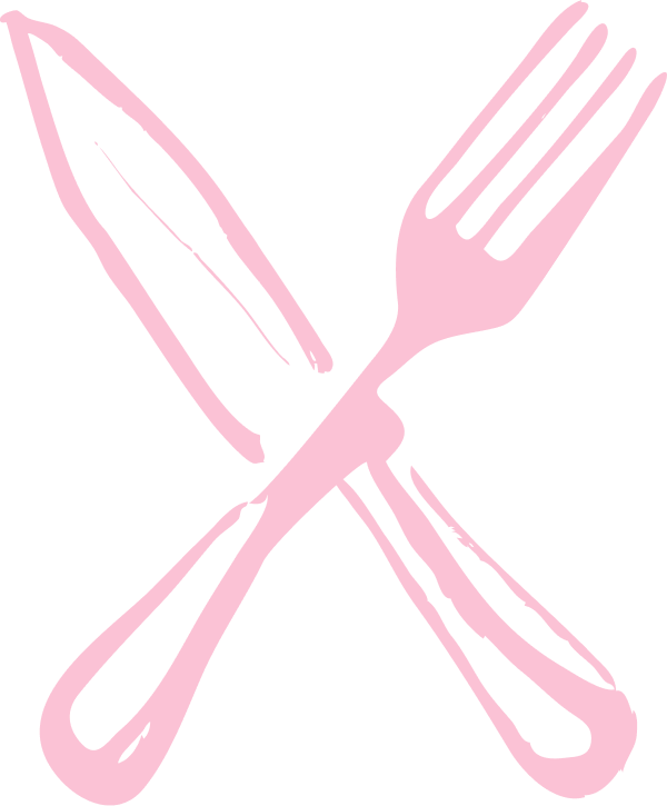 Pink illustration of a fork and knife crossed over each other.