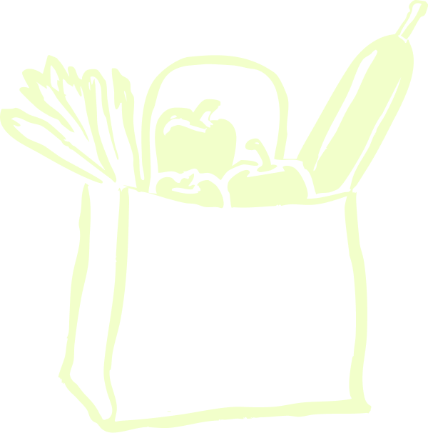 Line drawing of a grocery bag filled with vegetables and a bottle.