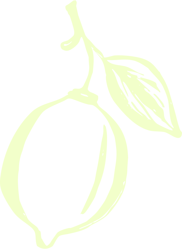 Minimalist line drawing of a lemon with a leaf attached to the stem, set against a black background.
