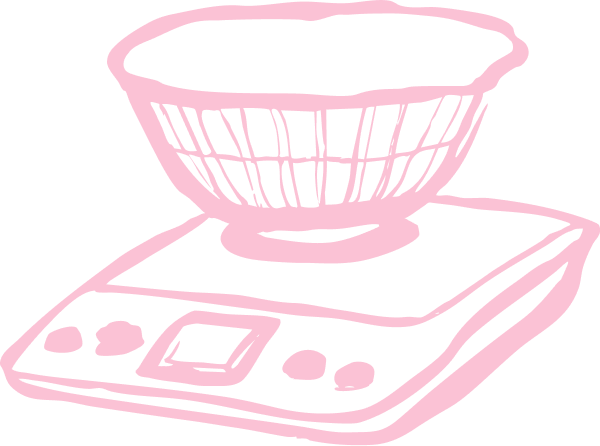 A digital illustration of a pink kitchen scale with a bowl on top.