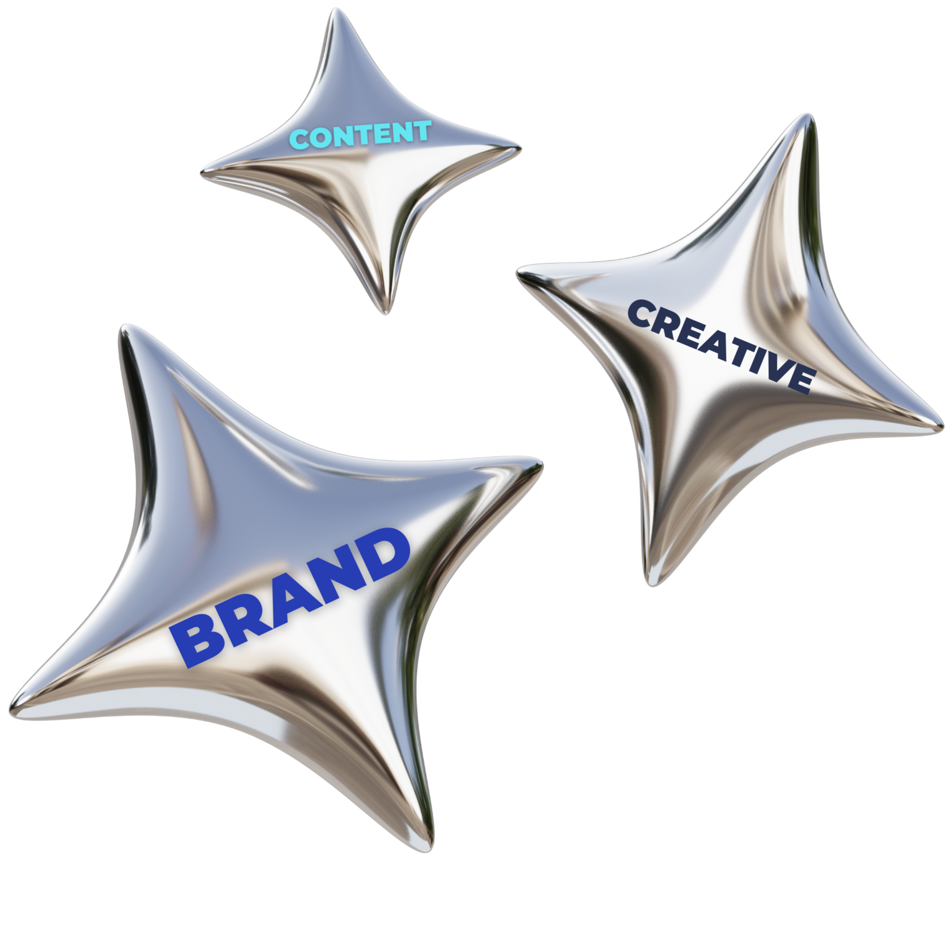 Three metallic star-shaped objects with words on them: 'BRAND', 'CONTENT', and 'CREATIVE', arranged in a pattern.
