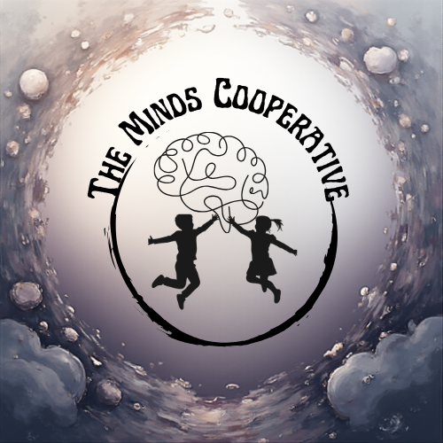 Logo for The Minds Cooperative featuring two children jumping rope with a stylized brain and the organization name in a circular design.