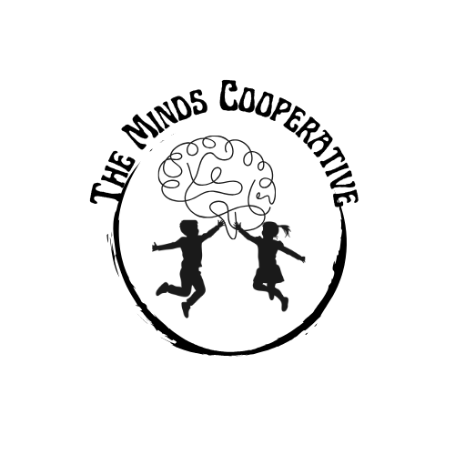 Logo with the text 'The Minds Coopergative' surrounding an illustration of a boy and girl jumping and holding a string connected to a cloud.