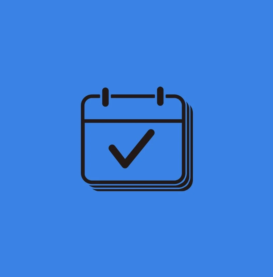 Icon of a calendar with a check mark on a blue background.