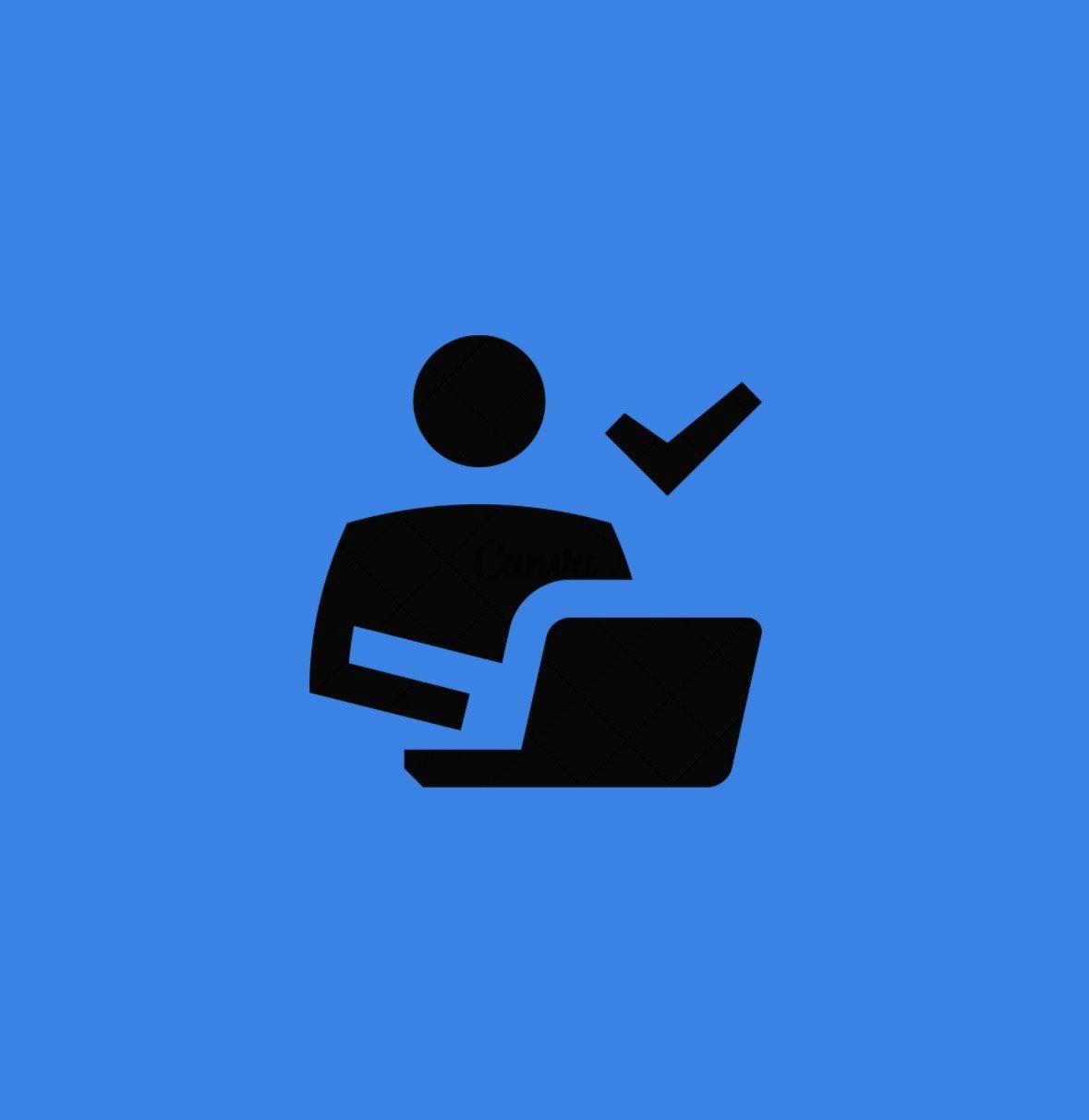 Icon of a person with a laptop and a check mark, on a blue background.