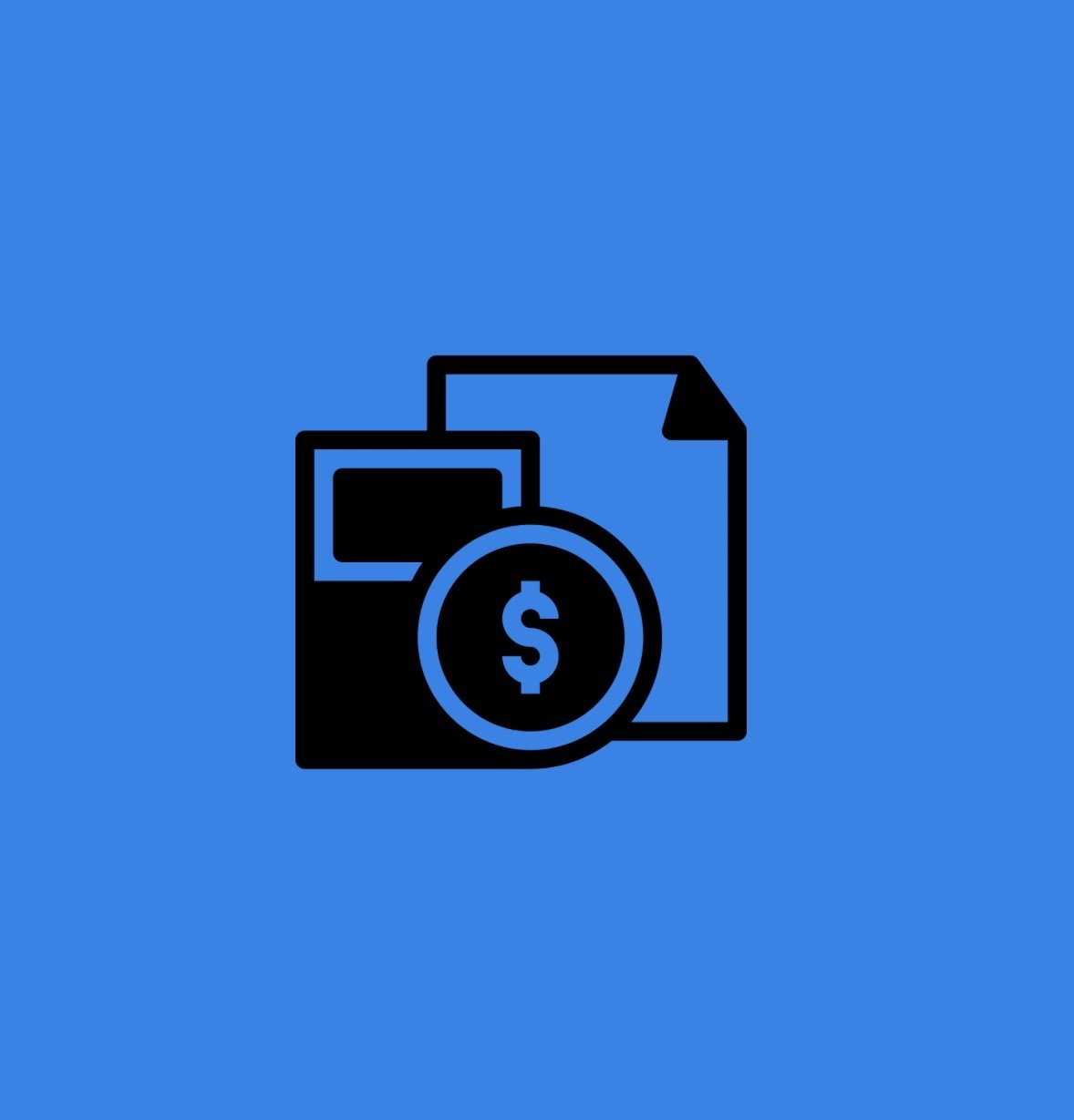 Icon of a document, folder, and a dollar sign on a blue background.