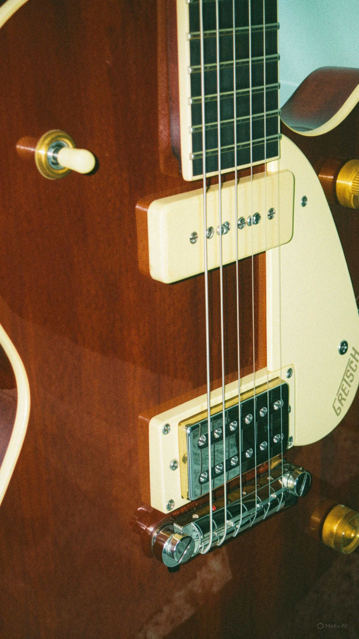 Close-up of a vintage guitar showing the body, pickup, and part of the neck, with metal strings, tuning pegs, and wood finish.