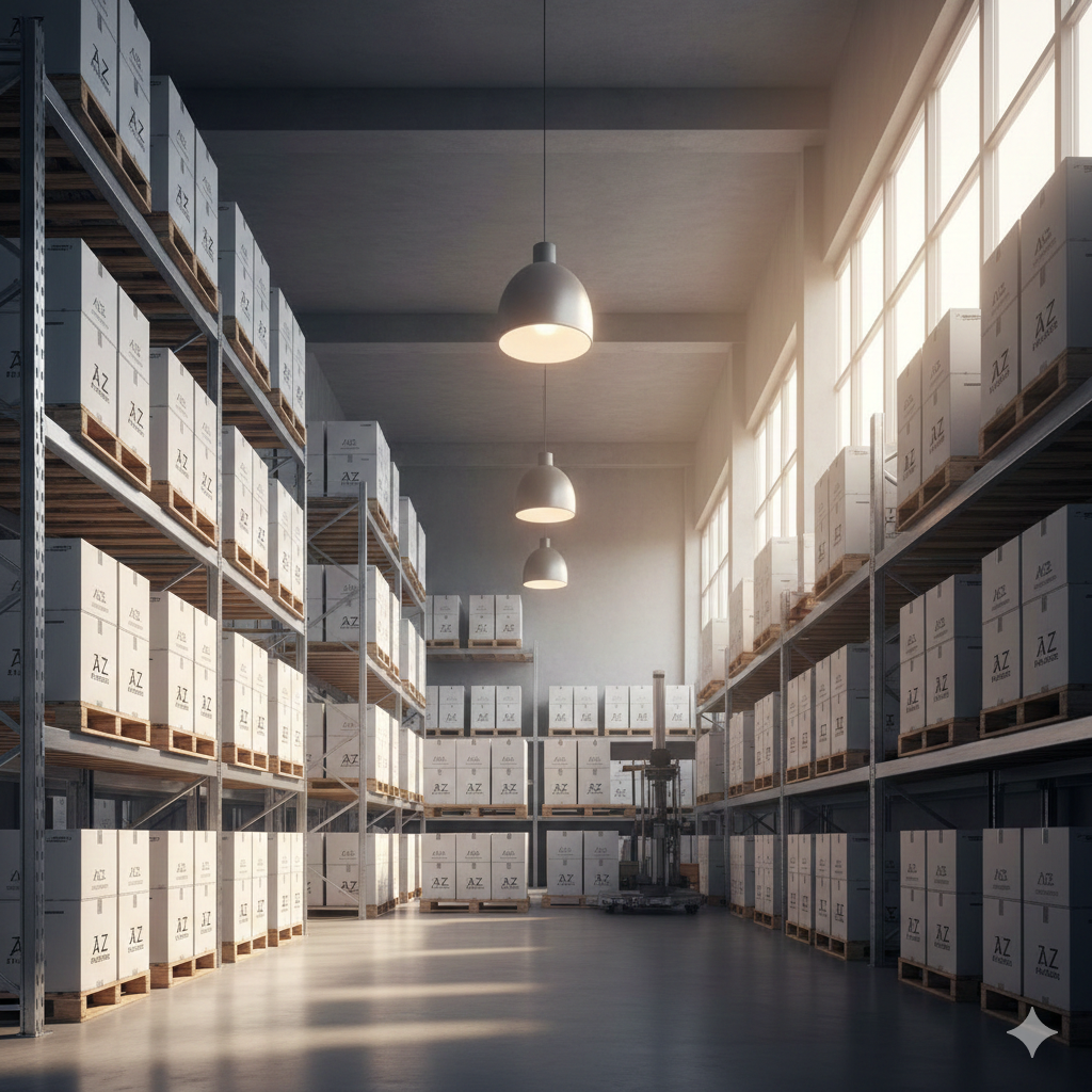 A warehouse filled with shelves of stacked white boxes on pallets, illuminated by natural light from large windows and hanging ceiling lights.