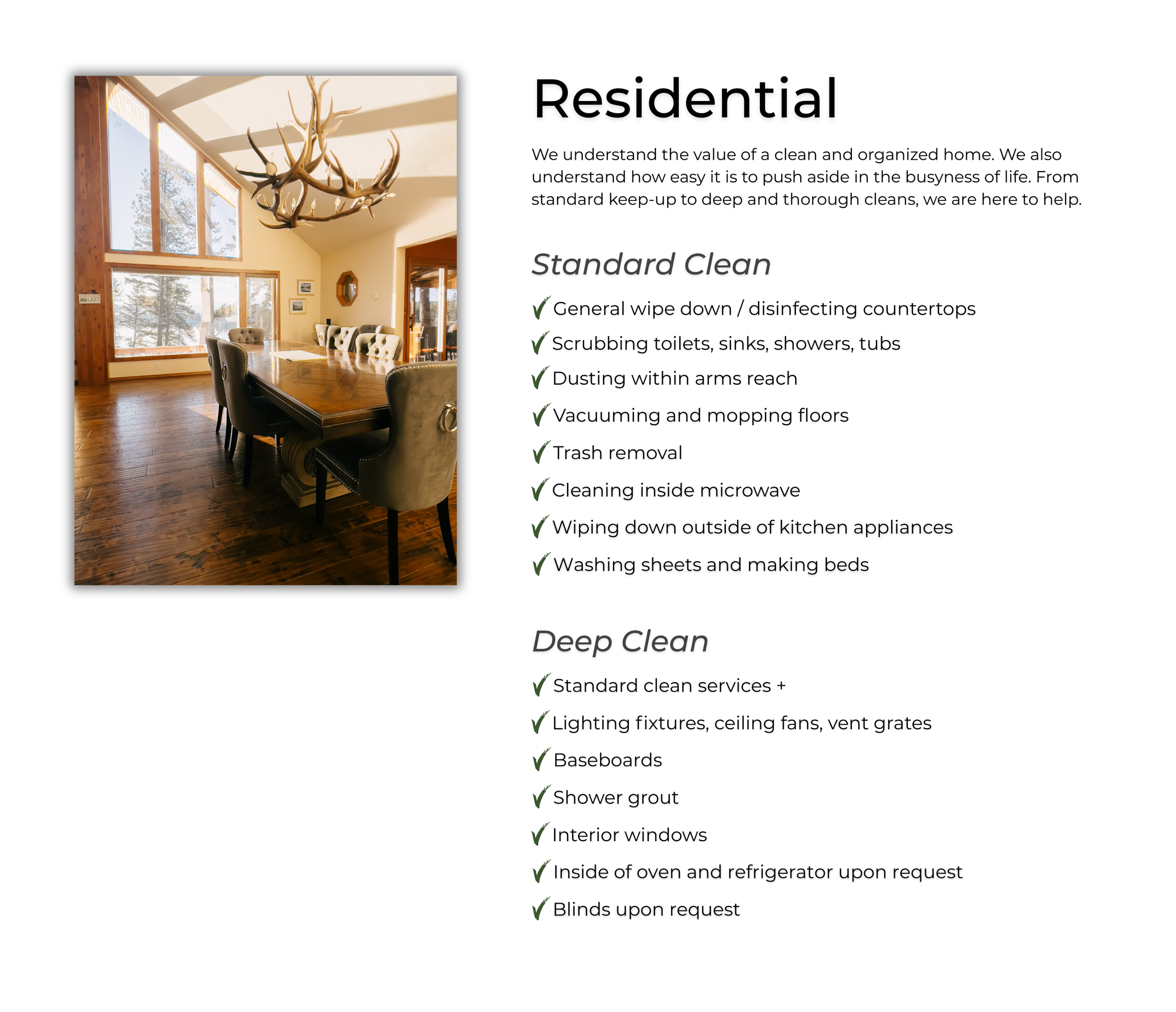 A flyer describing residential cleaning services. It features a photo of a bright, spacious dining room with large windows, wooden floors, and a dining table with chairs, and lists cleaning tasks under 'Standard Clean' and 'Deep Clean' categories.