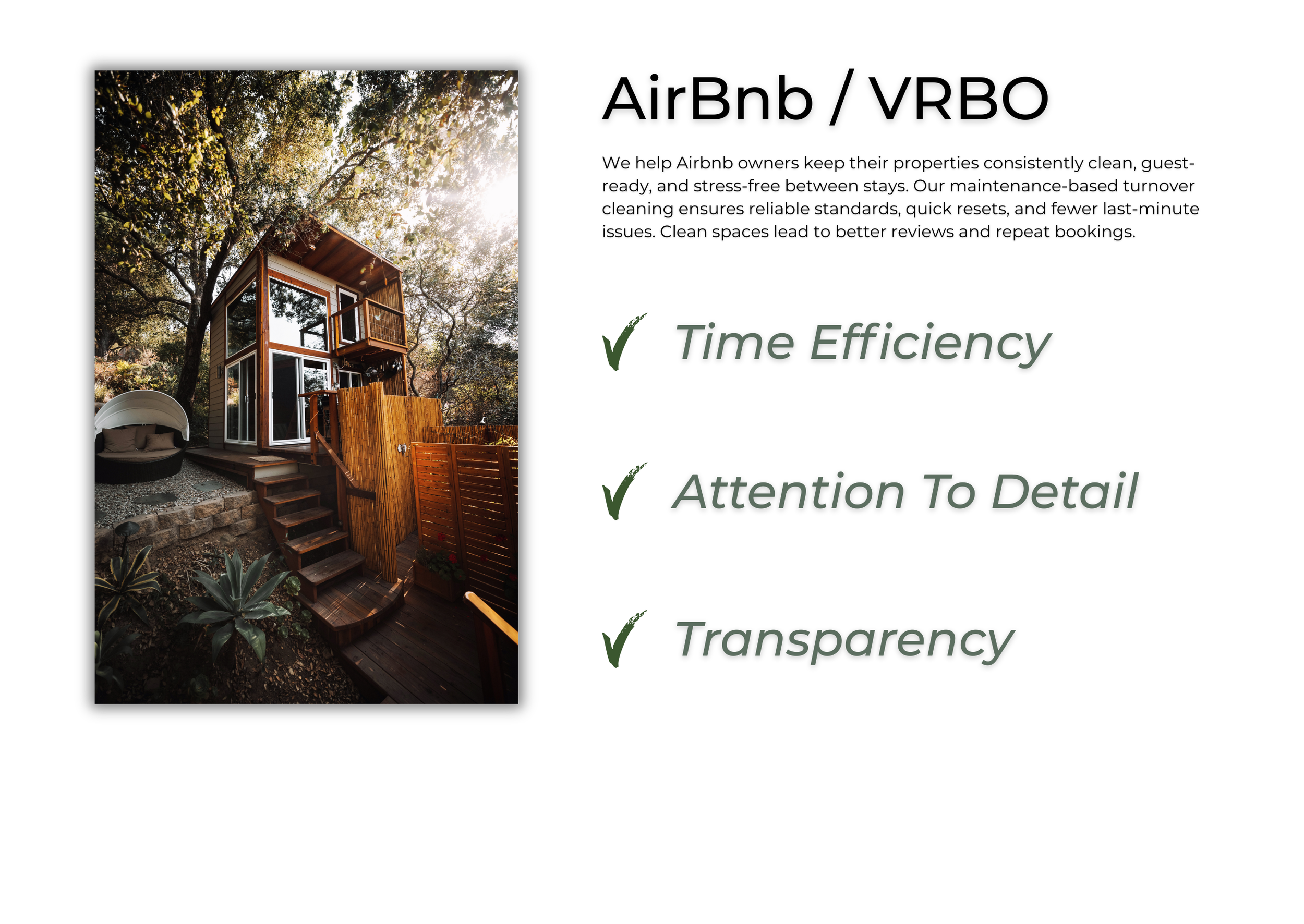 A colorful flyer promoting Airbnb / VRBO cleaning services featuring a photo of a modern two-story tiny house with wooden stairs and deck, surrounded by trees and plants.