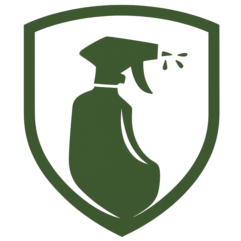 A green shield emblem featuring a silhouette of a spray bottle with liquid droplets, symbolizing cleaning or disinfecting.