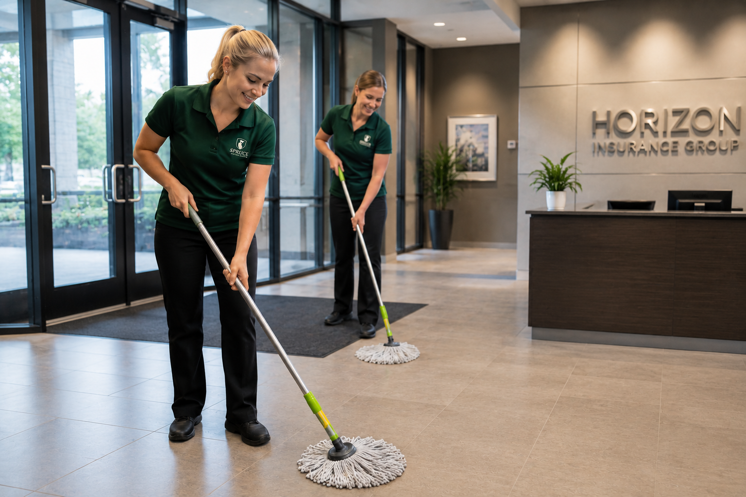 Two women in green shirts and black pants cleaning the lobby of an office building with mops.