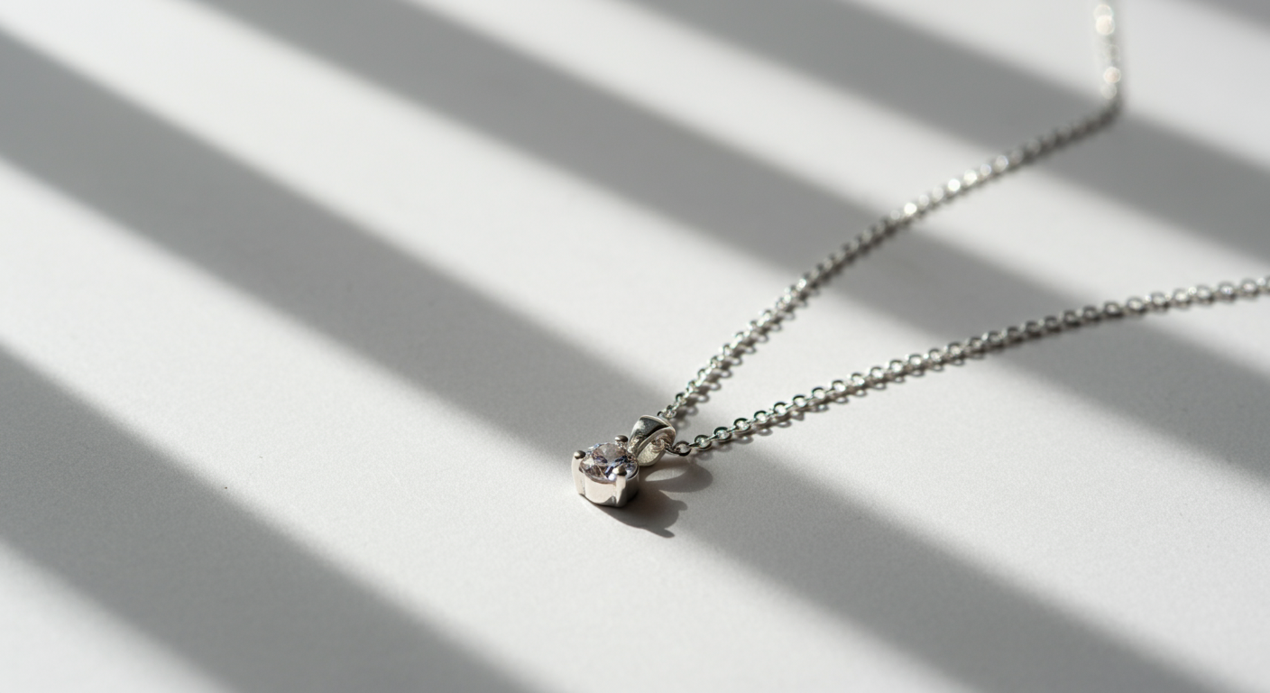 Gold necklace with a small pendant lying on a white surface.