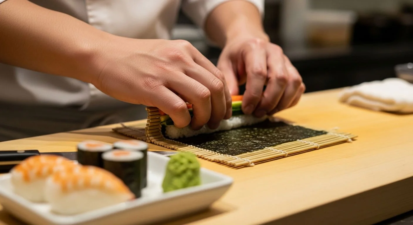 Chef's hands rolling fresh maki at Mizu Omakase in Staten Island, with shrimp nigiri and wasabi on a side plate.