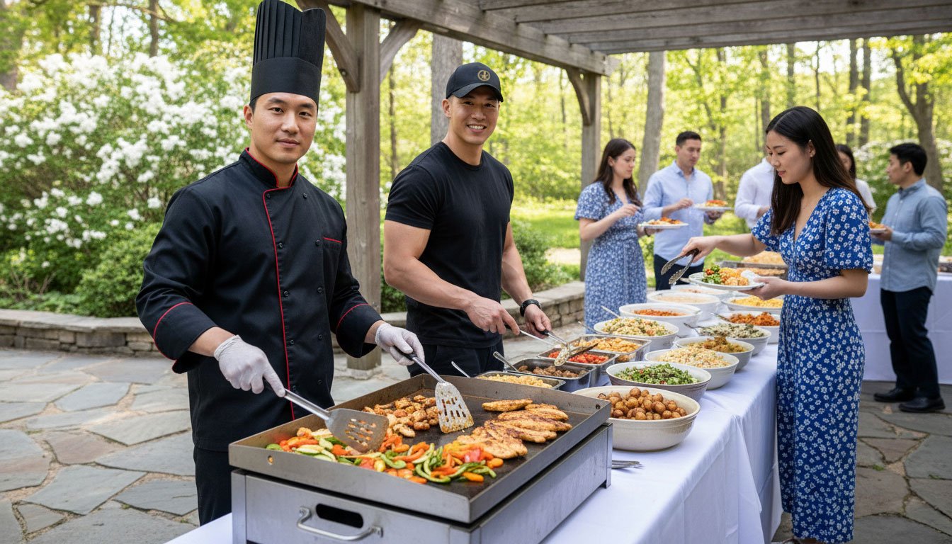 Chef prepares fresh grilled food for a backyard hibachi in Staten Island event with guests at a catered buffet line.