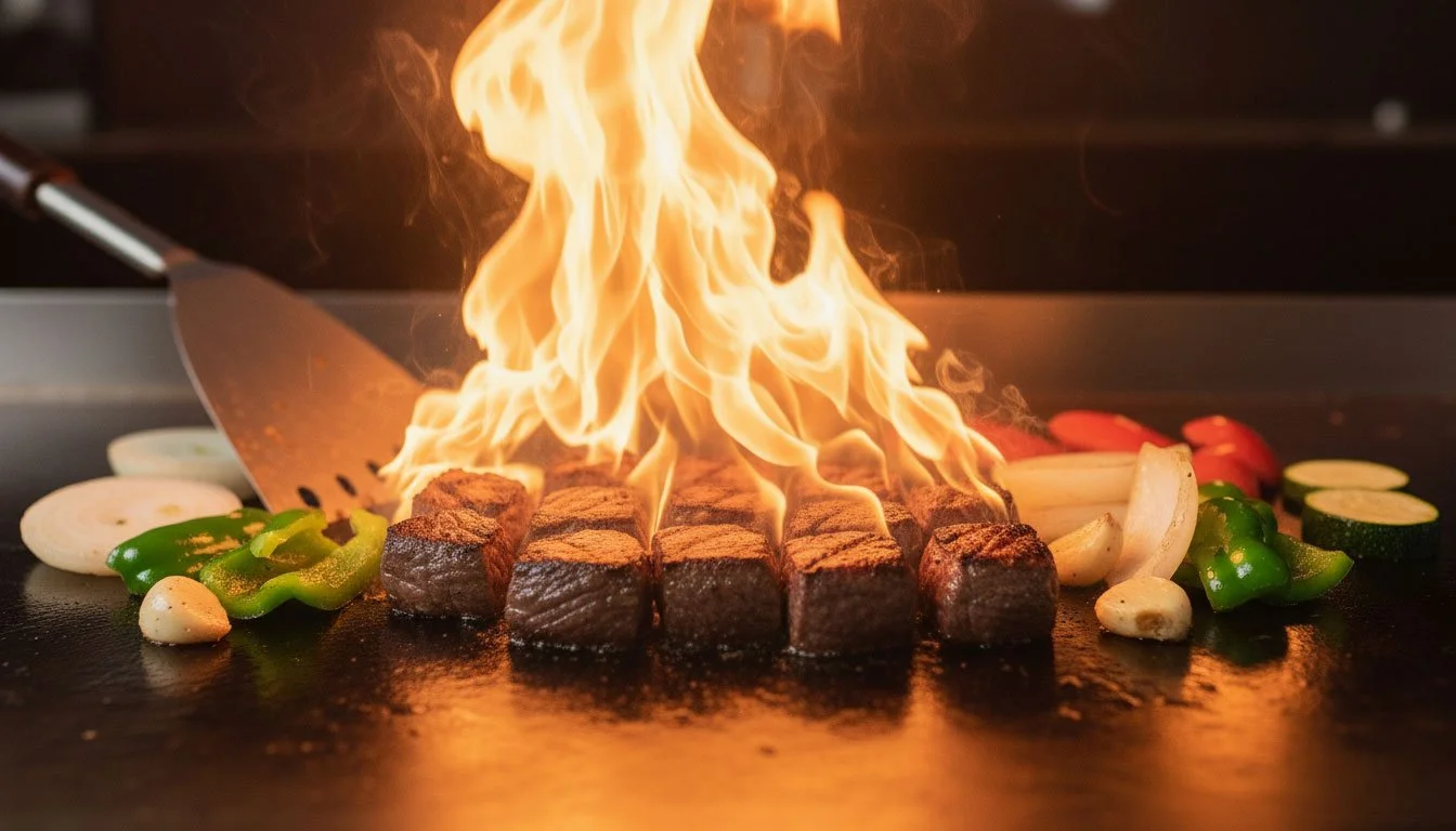 Steak hibachi on griddle with flame over.