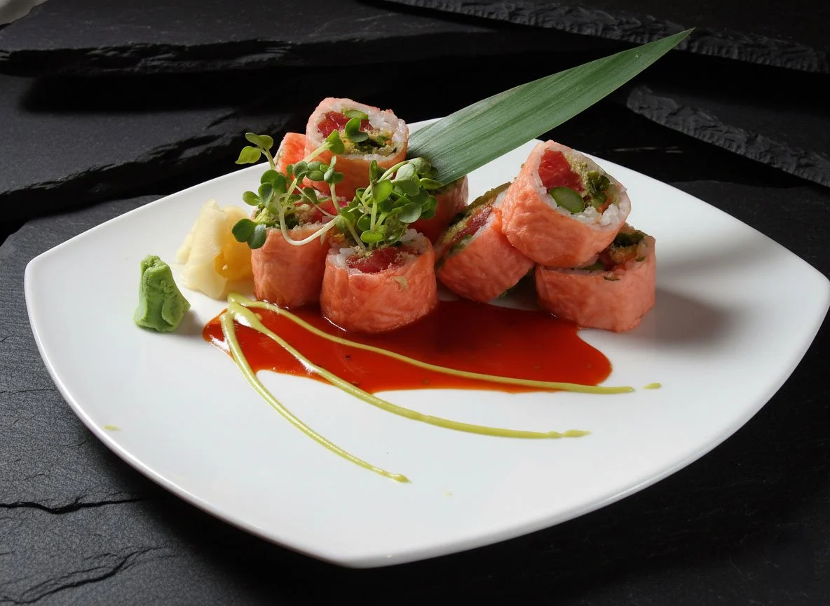 Artfully plated gourmet sushi rolls with vibrant sauces, showcasing the beauty of a professional Omakase Experience.